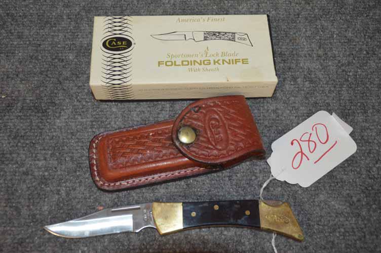 CASE XX KNIFE: CASE XX FOLDING KNIFE - MODEL #2159- 8 1/2" LONG WITH WOODEN HANDLE, LEATHER SHEATH AND ORIGINAL BOX