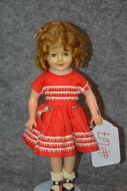 IDEAL SHIRLEY TEMPLE: IDEAL DOLL ST 12 SHIRLEY TEMPLE IN TAGGED ORIGINAL RED DRESS, APPEARS TO BE ORIG BLACK 1 STRAP SHOES W/ SOCKS