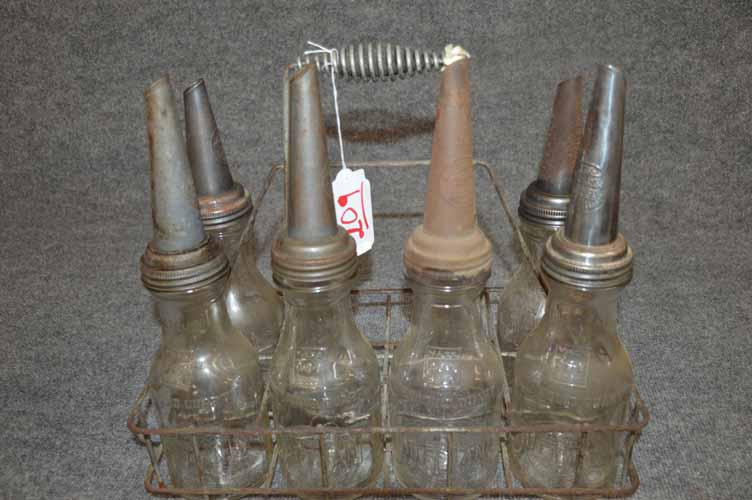 (6) GLASS HUFFMAN OIL BOTTLES IN WIRE RACK (1 of 2)