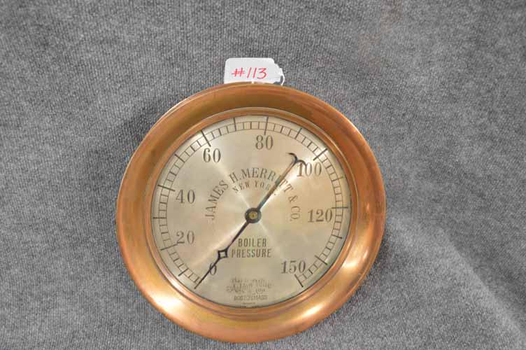LARGE JAMES MERRITT "BOILER PRESSURE" BRASS GAUGE BY ASHTON VALVE CO (1 of 2)
