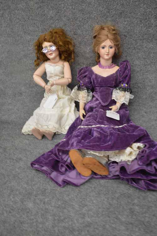 (2) ARTIST DOLLS: (2) ARTIST DOLLS TO INC: REPRODUCTION 27" FASHION SIGNED BY O.W. (PORCELAIN PARTS W/CLOTH BODY & LONG PURPLE VELVET DRESS) & 23" ARTIST LADY DOLL W/MOHAIR WIG, IN HER UNDERGARMENTS NEEDS SOME MINOR CL