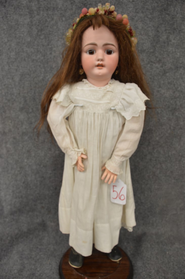 32" SIMON & HALBIG 1079 MOLD: 32" SIMON & HALBIG 1079 MOLD S H 1079 DEP 15, FIXED BROWN EYES, O/M W/4 NEW TEETH, PIERCED EARS W/CAMEO EARRINGS, COMPO BJB, WEARING ANTIQUE WHITE DRESS W/EYELET, REPLACED UNDERSHIRT, WHITE PANTALOONS
