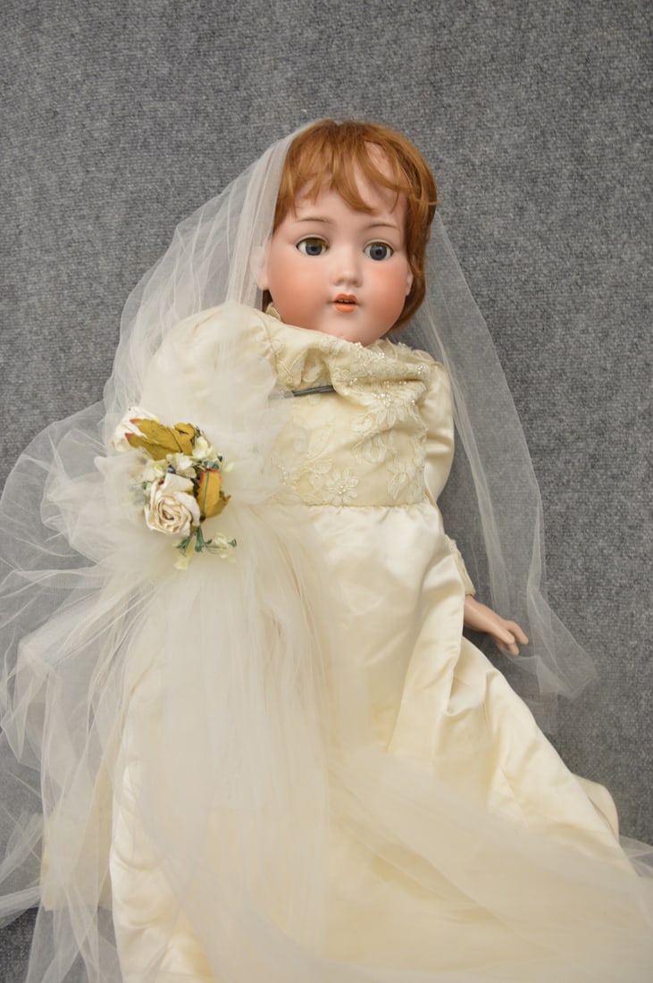 34" BISQUE HEAD ARMAND MARSEILLE: 34" BISQUE HEAD ARMAND MARSEILLE 390 A.16.M, BLUE EYES W/LASHES APPEAR TO BE SET, O/M, DRESSED AS A BRIDE WITH LONG VEIL