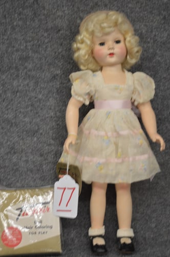 18" HARD PLASTIC TINTAIR EFFANBEE DOLL: 18" HARD PLASTIC BLONDE TINTAIR EFFANBEE DOLL WITH ORIGINAL TINTAIR HAND TAG WITH CURLERS AND HAIR COLORING KIT IN ONE PIECE WHITE DRESS WITH BLUE AND YELLOW FLOWERS , UNDERSLIP AND UNDERPANTS VINTAGE