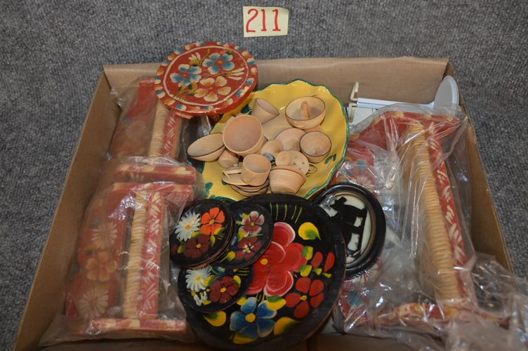 WOODEN ITEMS, SCOTTY BOOK & SILHOUETTE: GROUP TO INC: MOSTLY WOODEN ITEMS, SCOTTY BOOK & SILHOUETTE, HAND PTD LIKELY NORWEGIAN WICKER SEAT BENCHES WITH PTD ROUND TABLE AND HAND PTD PLATTER & DISHES, ALSO HAND TURNED WOODEN SET OF DISHES