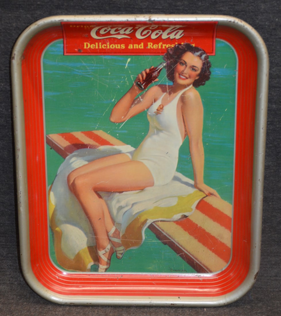 COCA-COLA TRAY: COCA COLA 1939 GIRL IN WHITE SWIMSUIT TRAY BY AMERICAN ART WORKS INC.