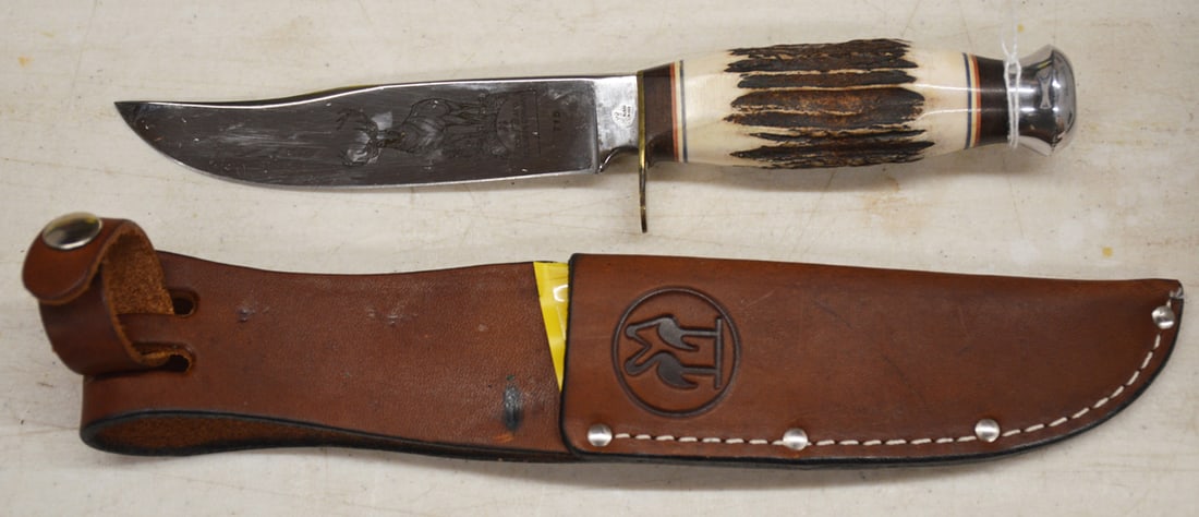 HUNTING KNIFE: GERMAN KISSING KRANE FIXED BLADE HUNTING KNIFE WITH STAG HANDLE