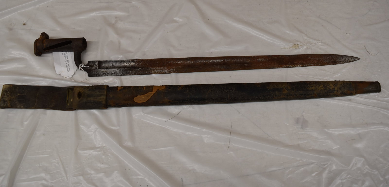LARGE 22" ANTIQUE SOCKET BAYONET WITH LEATHER SCABBORD: LARGE 22" ANTIQUE SOCKET BAYONET WITH LEATHER SCABBORD