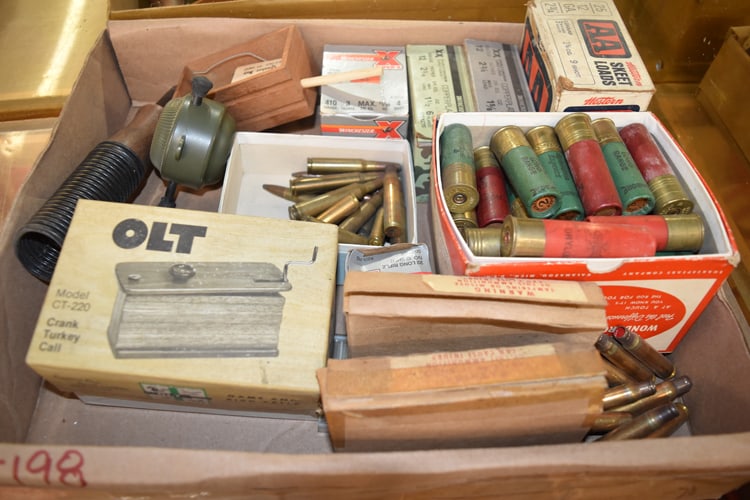 COLLECTION OF AMMO,: COLLECTION OF AMMO, SHOTGUN SHELLS, 12 GAIGE, .410, .22 AMMO, .30-06 BLANKS, 12 GAUGE TURKEY SHOTSHELLS, TURKEY CALLS, BANDOLIER ETC (74 ROUNDS)