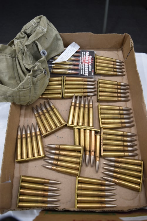 MILITARY AMMO: CLOTH BANDOLIER OF 14 STRIPPER CLIPS FILLED WITH MILITARY AMMO & 1 BOX OF 6 .308 WINCHESTER AMMO (66 ROUNDS)