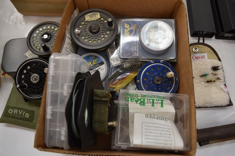 FLY FISHING ITEMS: COLLECTION OF FLY FISHING ITEMS, ORVIS ITEMS, FLY LINE, LL BEAN CASES ETC