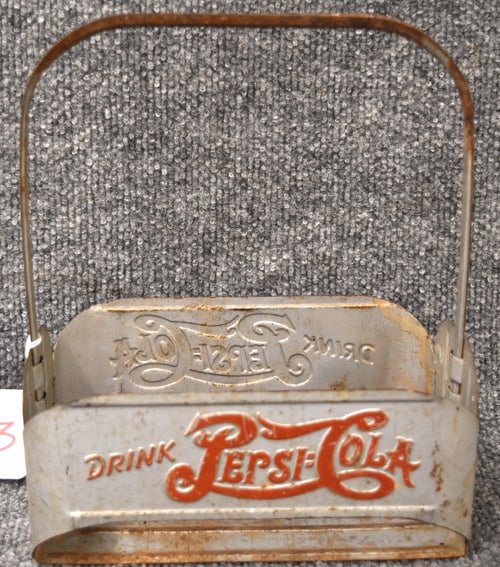 PEPSI 6 PACK BOTTLE CARRIER: PEPSI DOUBLE DOT METAL 6 PACK BOTTLE CARRIER MEASURES 8"L X 9 1/2"H X 5"D