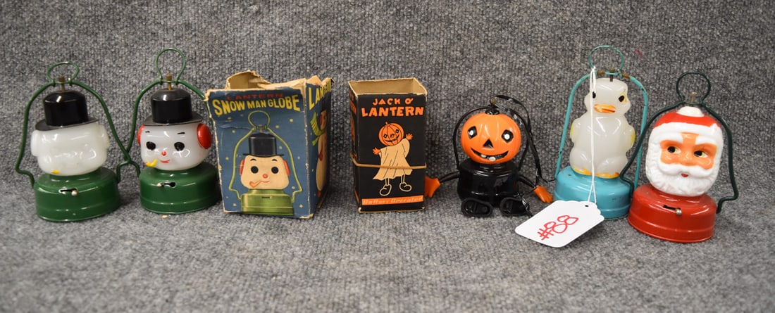 MINI FIGURAL LANTERNS 1950'S: GROUPING OF MINI LANTERNS TO INC: PLASTIC JACK O'LANTERN IN ORIG BOX (NO TOP), GLASS & TIN DUCK, GLASS & TIN SANTA, GLASS & TIN SNOW MAN IN ORIG BOX THAT IS IN ROUGH SHAPE-NO TOP & GLASS AND TIN BEAR