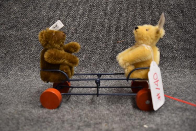 STEIFF SEESAW W/GOLD & BROWN BEARS: STEIFF SEESAW W/GOLD & BROWN BEARS BOTH HAVE BUTTONS & EAR TAGS, BOTH BEARS #0132/24 & DATED 1988 - 11" L X 3 1/2"W X 7"H