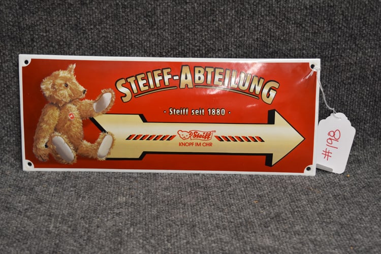 CONVEX PORCELAIN STEIFF-ABTEILUNG SIGN: CONVEX PORCELAIN STEIFF-ABTEILUNG SIGN -MEASURES 15 3/4" L X 6 1/4"H -
