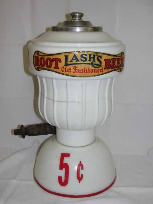 Lash's Root Beer Dispenser: Milk Glass Dispenser , paper label 16" h x 9" w