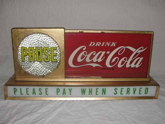 Drink Coca Cola Counter top Light Up "Pause Sign": Drink Coca Cola Countertop Light Up Sign "Pause, Please Pay When Served" 19 1/2" w x 9" h x 5" D