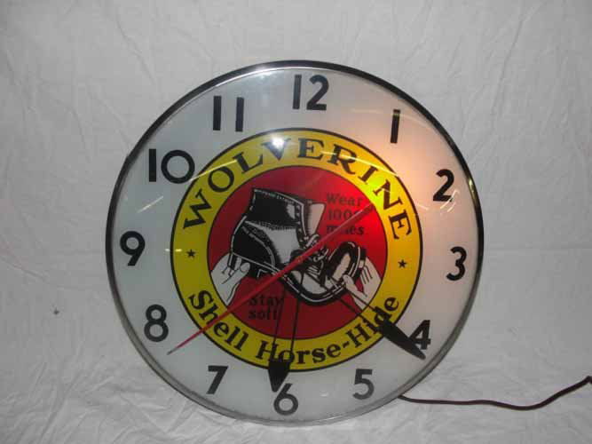 Wolverine Shell Horse-Hide Boots Clock: "Wolverine Shell Horse-Hide Boots Light Up Advertising Clock by Telechron Inc 15 1/2" Diameter Clock