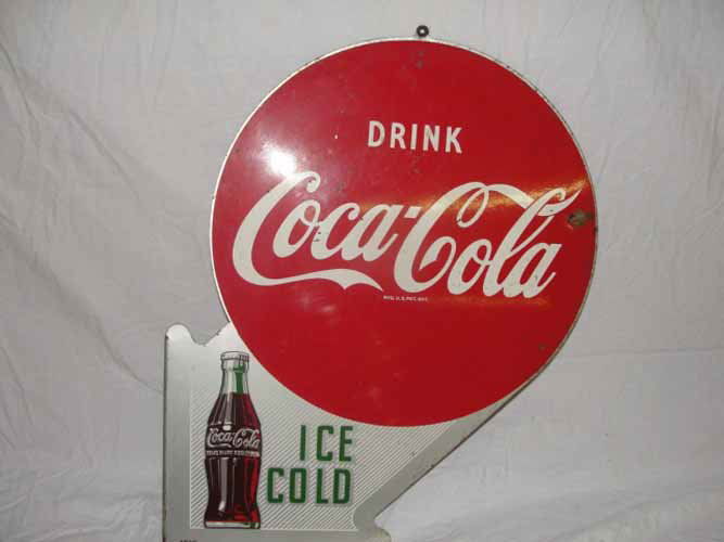 1953 "Drink Coca Cola" Tin Flange: "Drink Coca Cola" 1953 Double Sided Tin Flange w/Bottle Design 22" H x19" W