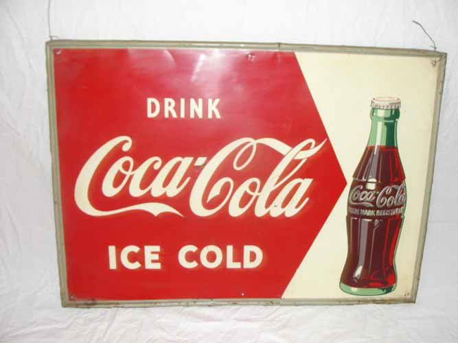 Tin 1950's Drink Ice Cold Coca Cola" w/Bottle: Tin "Drink Ice Cold Coca Cola" w/Bottle Design 1950's 27 3/4" W x 19 3/4" H