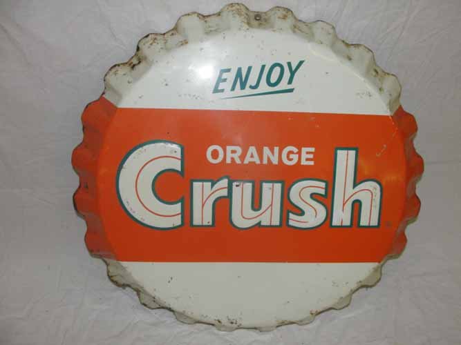 "Enjoy Orange Crush Bottle Cap Sign: Tin "Enjoy Orange Crush" Bottle Cap Sign 19 1/2" Diameter..