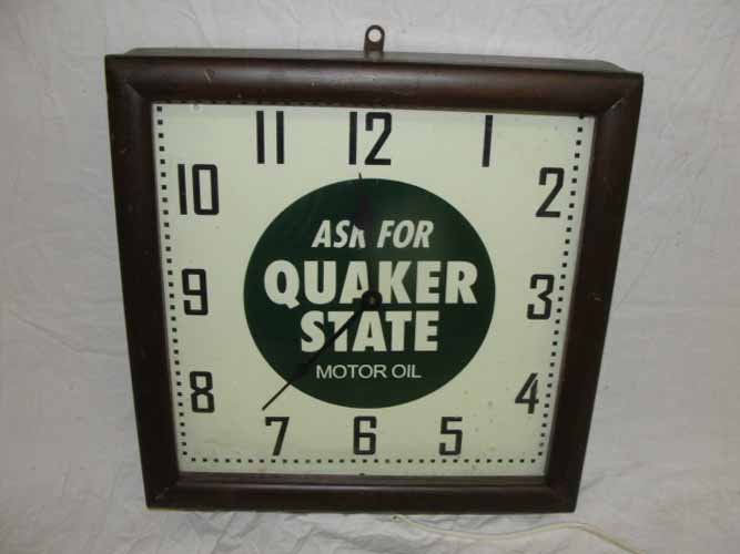 Quaker State Motor Oil Clock: Quaker State Motor Oil Clock with Wooden Case 13" H x 13" W