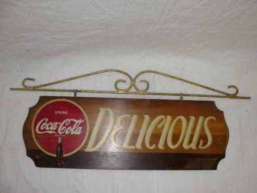 Wooden Coca Cola Kay Sign: Wooden Coca Cola Kay Sign "Delicious" with Holder 24" W x 8 1/2" H