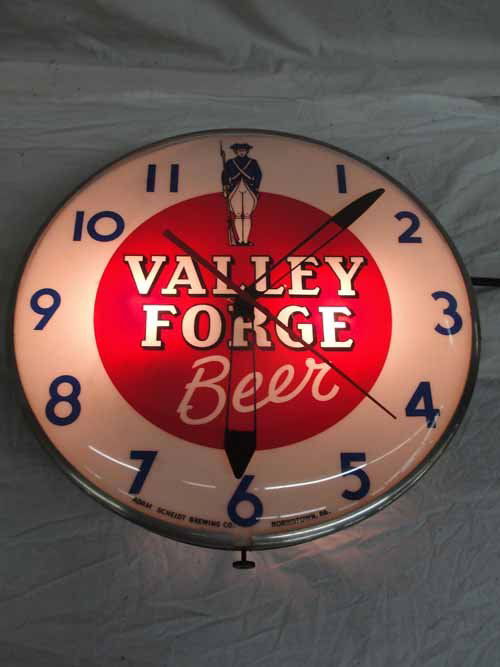 Valley Forge Beer Light Up Clock: Valley Forge Beer Light Up Clock, Adam Schmidt Brewing Co. 15" diameter x 3" D