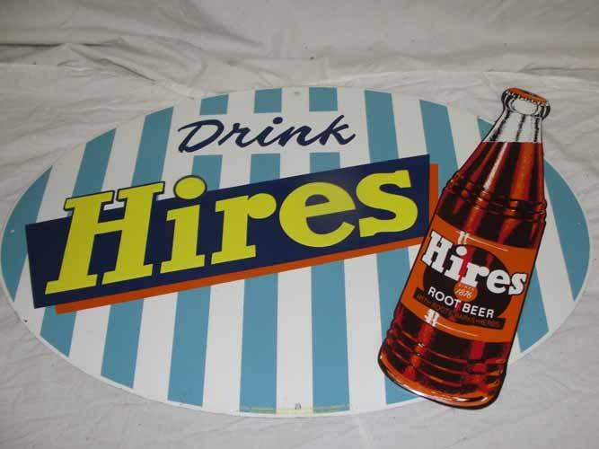 Hires Root Beer Sign: Tin Hires Root Beer Sign by Stout Sign Co. 27" W x 17" H
