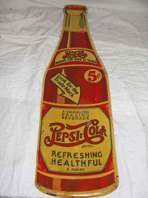 Pepsi Cola Bottle Sign: Tin Pepsi Cola Bottle Sign 8" W x 29 1/4" H