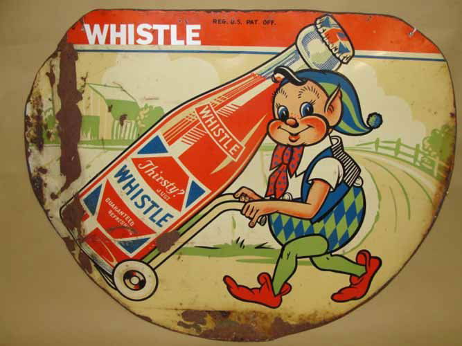 Whistle Soda Sign with Elf: Tin Whistle Soda Sign with Elf, Half Round 24"W x 18 3/4"H