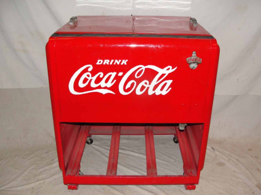1950's Coca Cola Cooler with Cap Opener: 1950's Coca Cola Cooler with Cap Opener, Case Rack Underneath-31"Wx25"Dx34"H