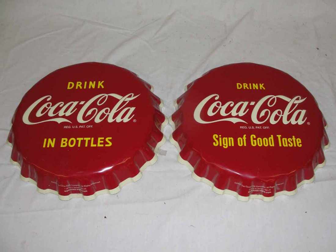 (2) Contemporary Coca Cola Bottle Cap Signs: (2)Tin Contemporary "Drink Coca Cola in Bottles & Sign of Good Taste" Bottle Cap Signs - 17" diameter