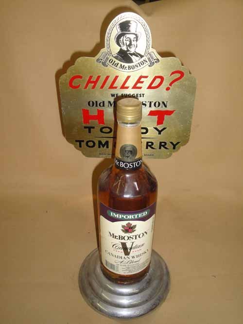 Mr. Boston Bottle Display: Mr. Boston Bottle Display "We Suggest Old Mr. Bosto Hot Toddy" - 17"H x 8"W