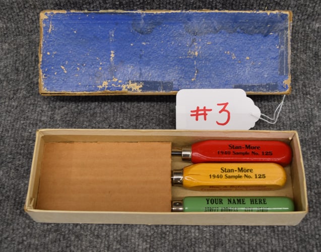 STAN-MORE SALESMAN SAMPLE BOX OF (3) ADVERTISING ICE PICKS (1 of 2)