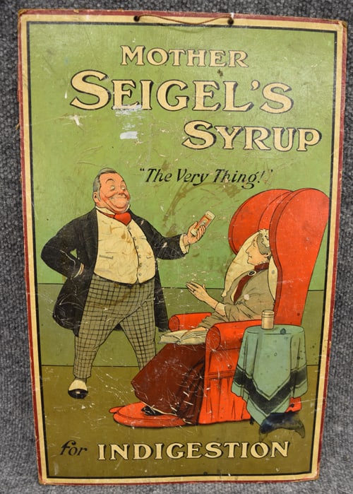 MOTHER SEIGEL'S INDIGESTION SYRUP DISPLAY: SINGLE SIDED CARDSTOCK MOTHER SEIGEL'S INDIGESTION SYRUP DISPLAY - - 18 1/2"H X 12" W - HAS ORIGINAL STAND ON BACK