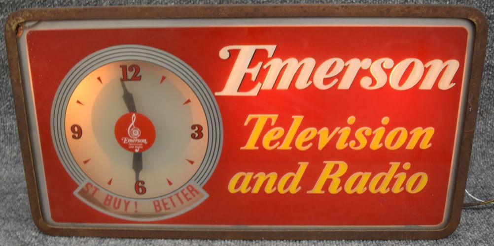 EMERSON'S TV AND RADIO ETCHED GLASS CLOCK SIGN (1 of 3)