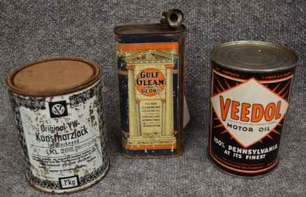 VEEDOL, GULF GLEAM & VOLKSWAGON CANS