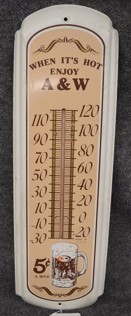 A & W LATE 80'S THERMOMETER: A & W" LATE 80'S THERMOMETER, 28"L X 8 1/2