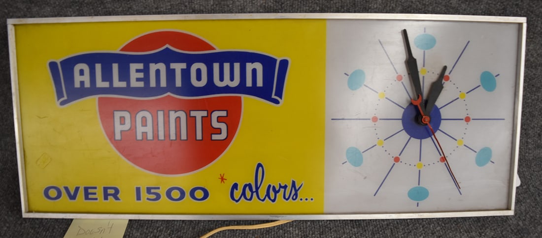 ALLENTOWN PAINTS LIGHT UP SIGN W/ CLOCK: ALLENTOWN PAINTS OVER 1500 COLORS LIGHT UP SIGN WITH CLOCK - HANGINGS WITH CHAIN - BY NEON PRODUCTS INC. LIMA, OH - PLASTIC FACE, METAL BACK - HAS SOME SCRATCHES, GOOD COLOR, CLOCK WORKS, NOT LIGHTING