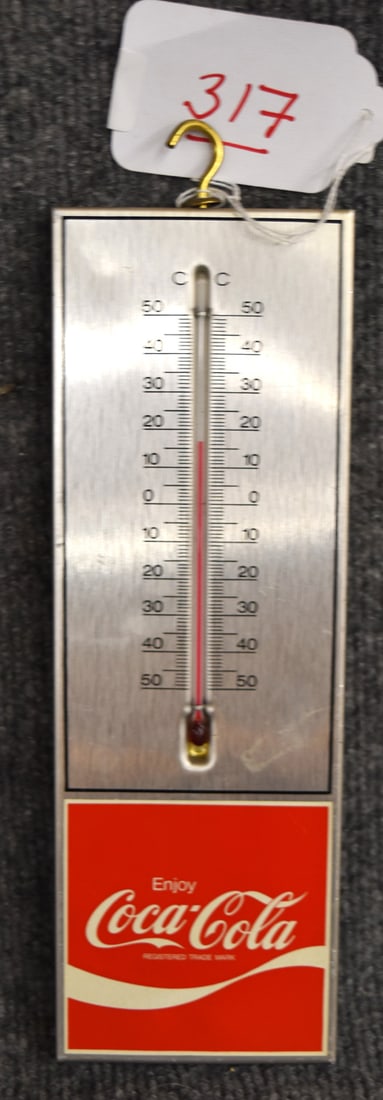 COCA COLA THERMOMETER: ALUMINUM COCA COLA THERMOMETER W/TUBE, MINOR SCRATCHES, 10 1/2"H X 3 1/2"W
