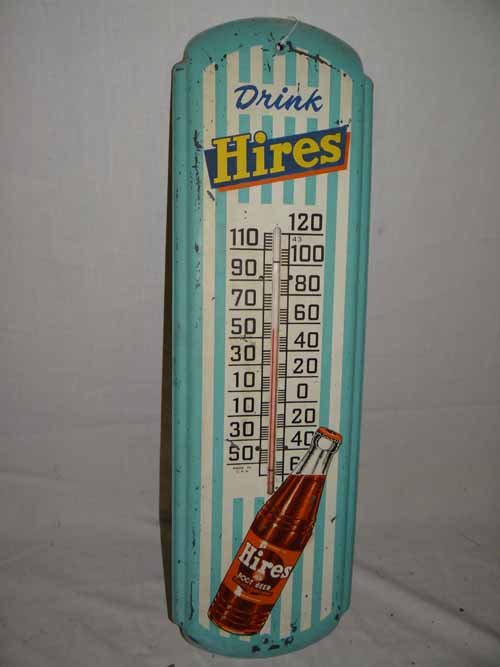 Drink Hires Root Beer Thermometer: Tin Drink Hires Root Beer Thermometer - 27" H x 8"W