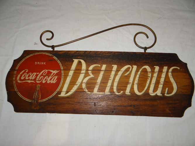 Coca Cola Kay Display Sign: Wooden Coca Cola Kay Display "Delicious Drink Coca Cola" Sign with Hanger - 24"W x 8"H
