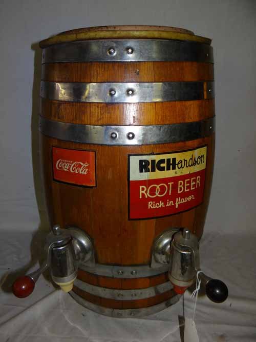 Richardson's Root Beer Cocal Cola Wooden Barrel Dispens: Richardson's Root Beer Coca Cola Wooden Barrel Dispenser with 2 Spigots-26 1/2"H x 15" Diameter