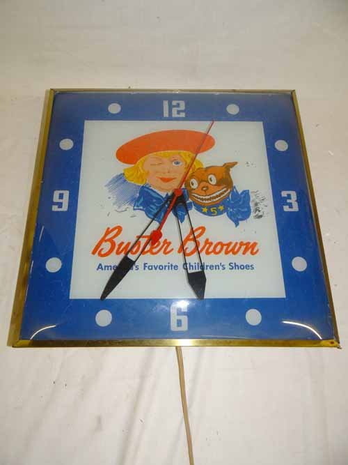 Buster Brown Light Up Clock: Tin & Glass Buster Brown Light Up Clock - 15 1/2" Square x 3"D