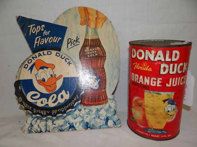 (2) Pieces of Donald Duck Advertising: (2) Pieces to Inc: Donald Duck Orange Juice Can- 7" H x 4" Diameter& Stand up Die Cut Donald Duck Soda Sign - 11"H x 9"W