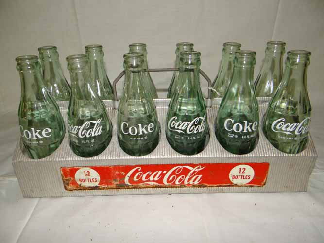 Coca Cola Carrier with Bottles: Coca Cola 12 pack aluminum carrier w/Coke bottles, 16"L x 5 1/2" d x 8 1/4" H