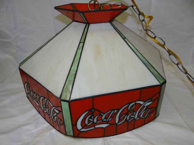 Coca Cola Hanging Lamp: Reproduction Coca Cola Slag Glass Hanging Lamp - 1970's? Has "R" in circle trademark - 12"H x 17 1/2" Diameter