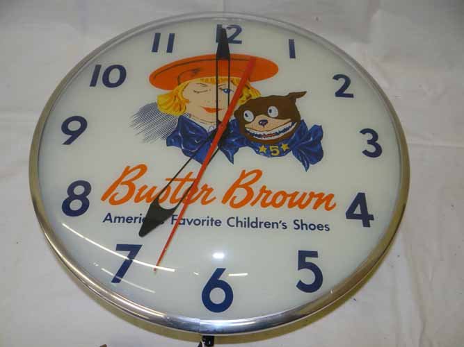 Buster Brown Clock: Buster Brown Advertising Clock "America's Favorite Children's Shoes" by PAM Clock Co., Inc., New Rochelle, NY USA - 15" Diameter x 3"D