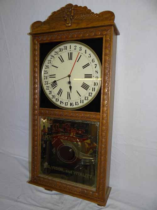 Dr. Pepper Clock: New Oak "Dr. Pepper" Regulator Clock with reverse painting with key & pendulum - 15"W x 38"H x 5"D
